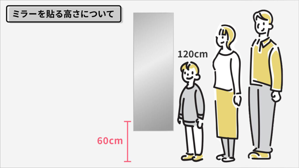 最低身長が120cmがいる家庭だと、床から60cmの位置に鏡があれば問題ありません