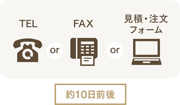 電話またはFAXまたは見積もり、注文フォームからご注文ください。約10日前