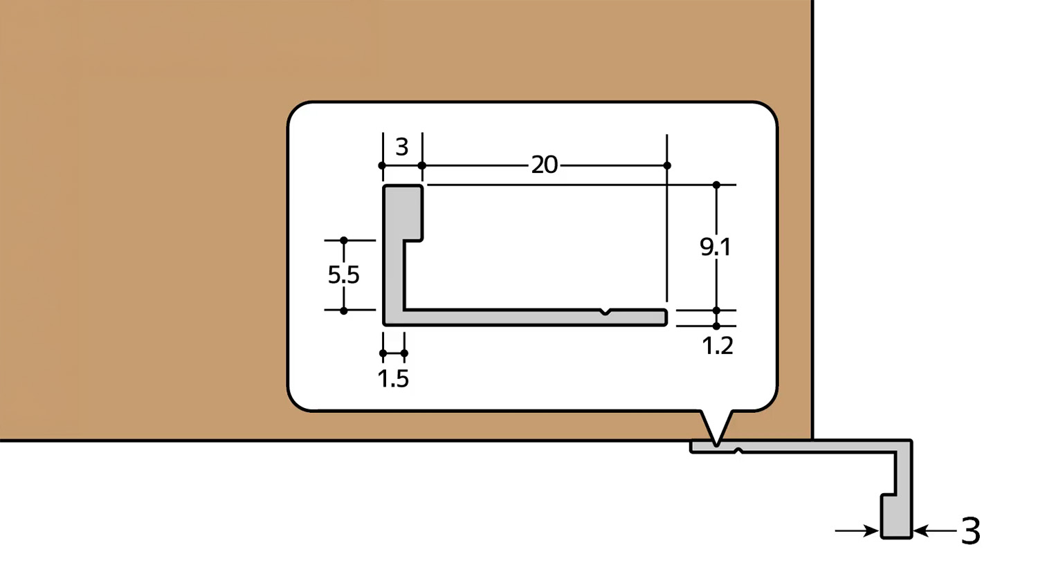 側面の小口保護のため、金具を10.5mm飛び出させて取り付けましょう
